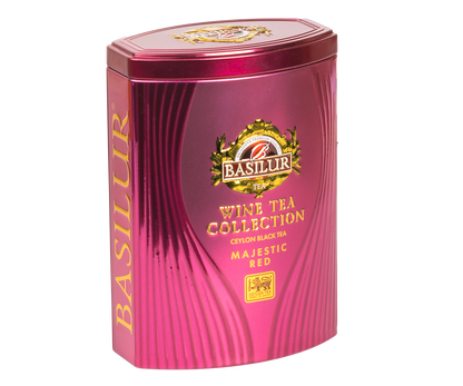 Puszka herbaty Basilur Majestic Red widok z boku, eleganckie opakowanie inspirowane czerwonym winem.