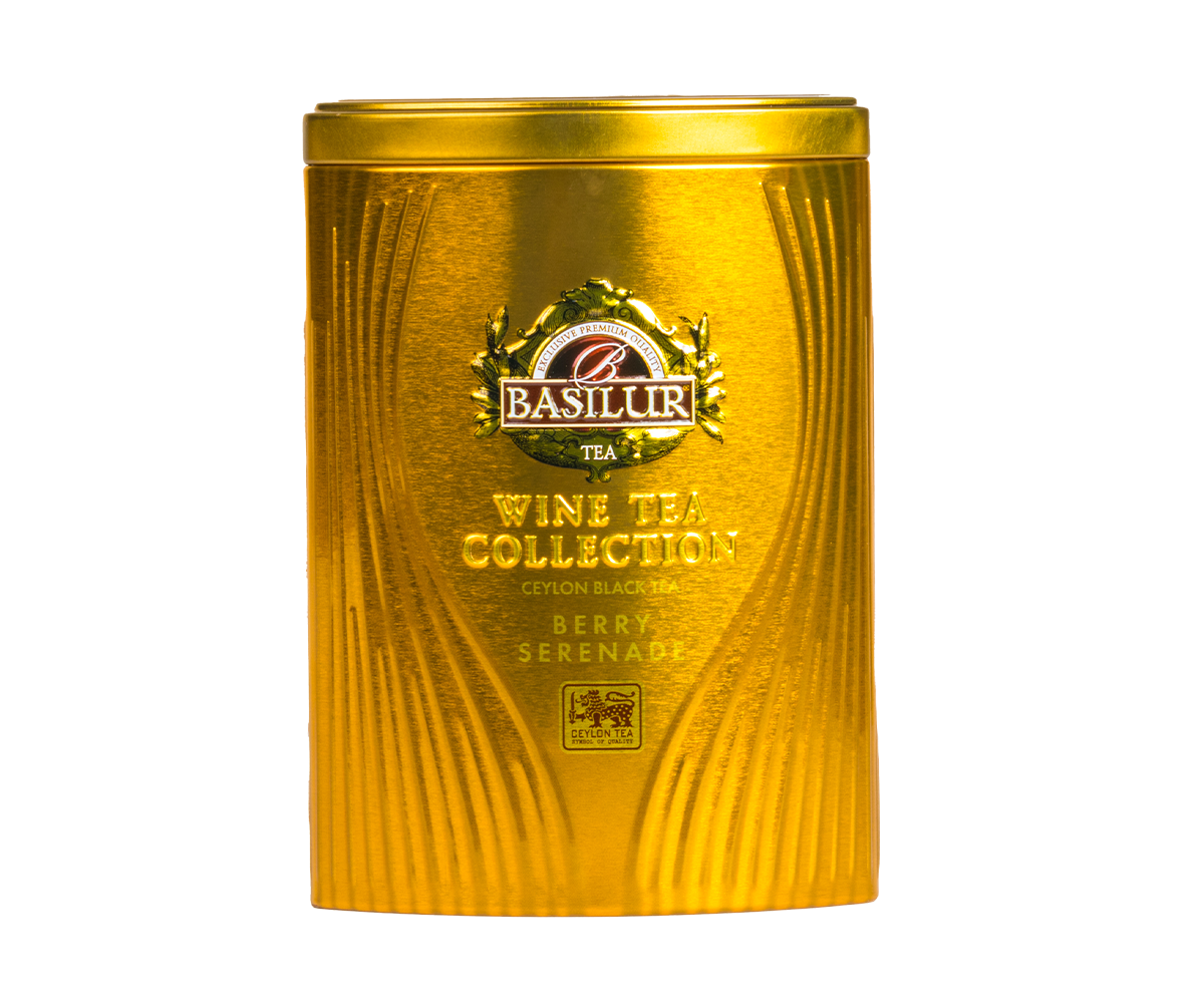 Herbata Basilur Berry Serenade w złotej puszce, czarna herbata cejlońska z nutą owoców leśnych.