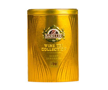 Herbata Basilur Berry Serenade w złotej puszce, czarna herbata cejlońska z nutą owoców leśnych.