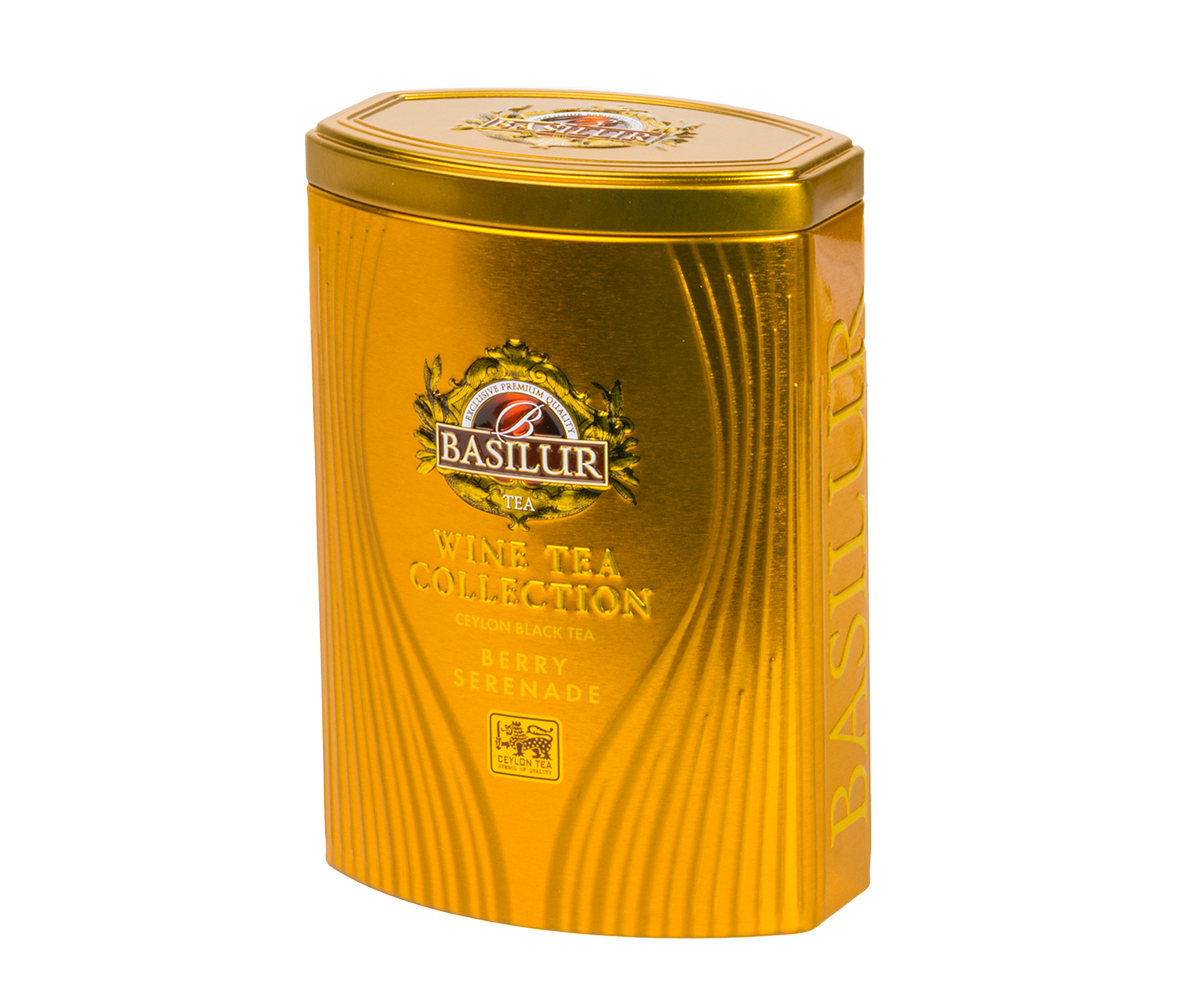 Opakowanie Basilur Berry Serenade, złota puszka z logo Basilur i nazwą kolekcji.