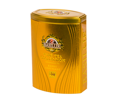 Opakowanie Basilur Berry Serenade, złota puszka z logo Basilur i nazwą kolekcji.