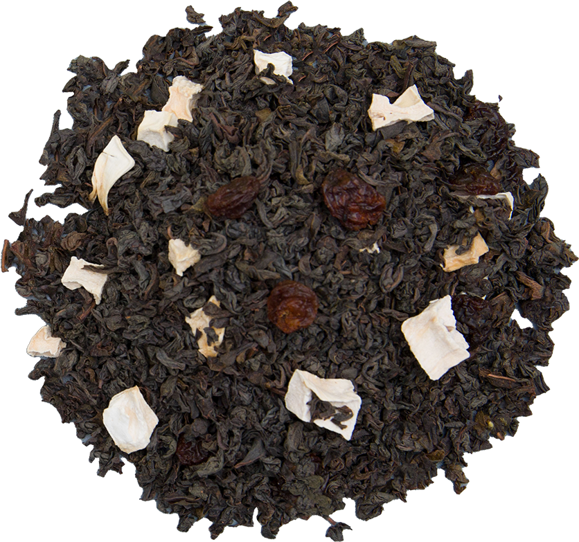 Liście herbaty Basilur Alpine Blanc z dodatkiem suszonych owoców i płatków kwiatów.