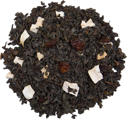 Liście herbaty Basilur Alpine Blanc z dodatkiem suszonych owoców i płatków kwiatów.