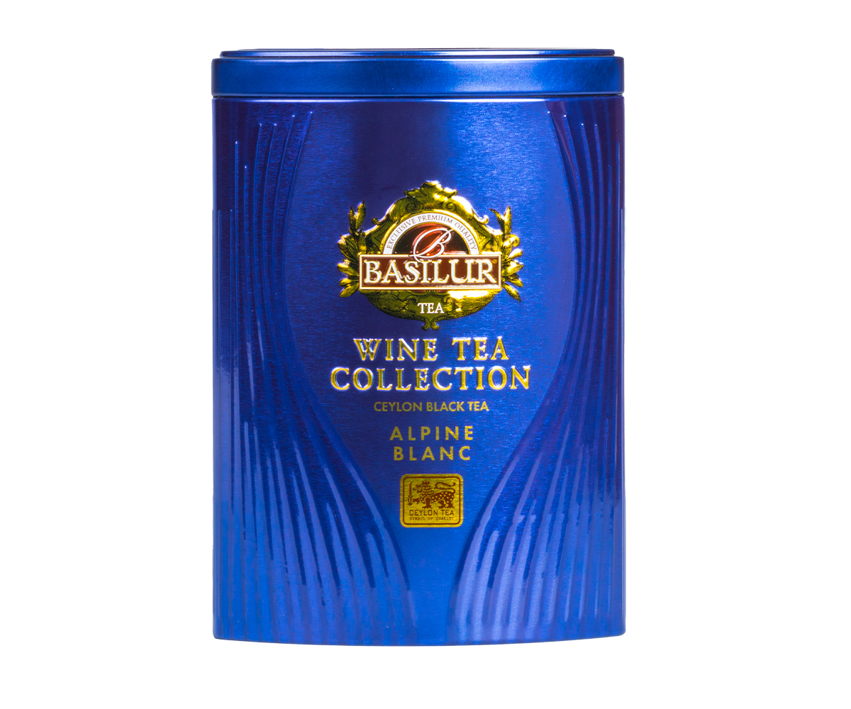 Herbata Basilur Alpine Blanc w granatowej puszce, czarna herbata cejlońska z kolekcji Wine Tea.