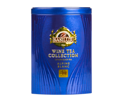 Herbata Basilur Alpine Blanc w granatowej puszce, czarna herbata cejlońska z kolekcji Wine Tea.