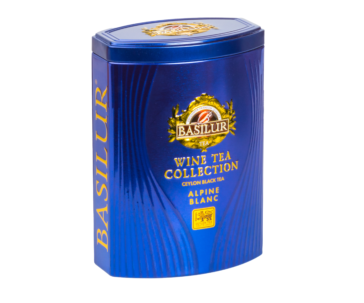 Puszka herbaty Basilur Alpine Blanc widok z boku, elegancka edycja inspirowana winem.