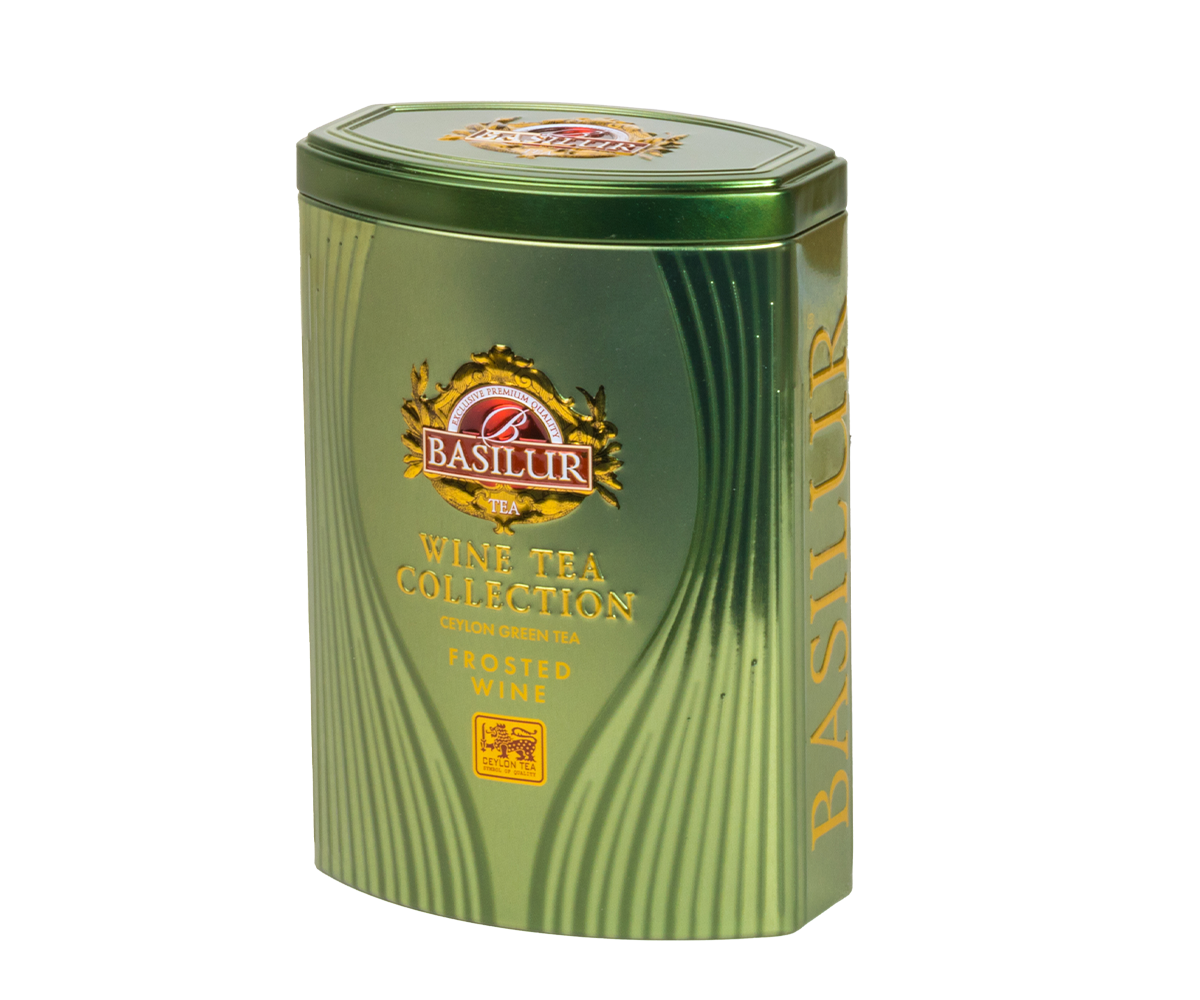 Zielona herbata Basilur Frosted Wine Ceylon Green Tea w metalowej puszce.