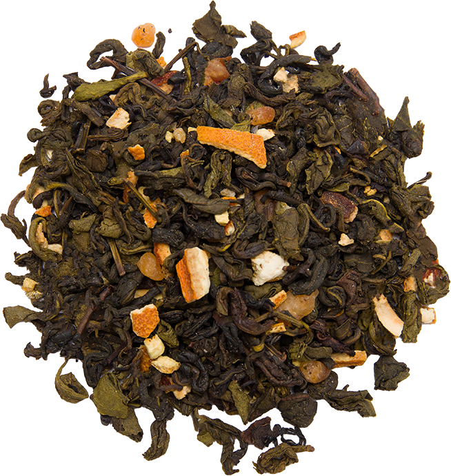 Zbliżenie liści herbaty Basilur Frosted Wine z owocowymi dodatkami.