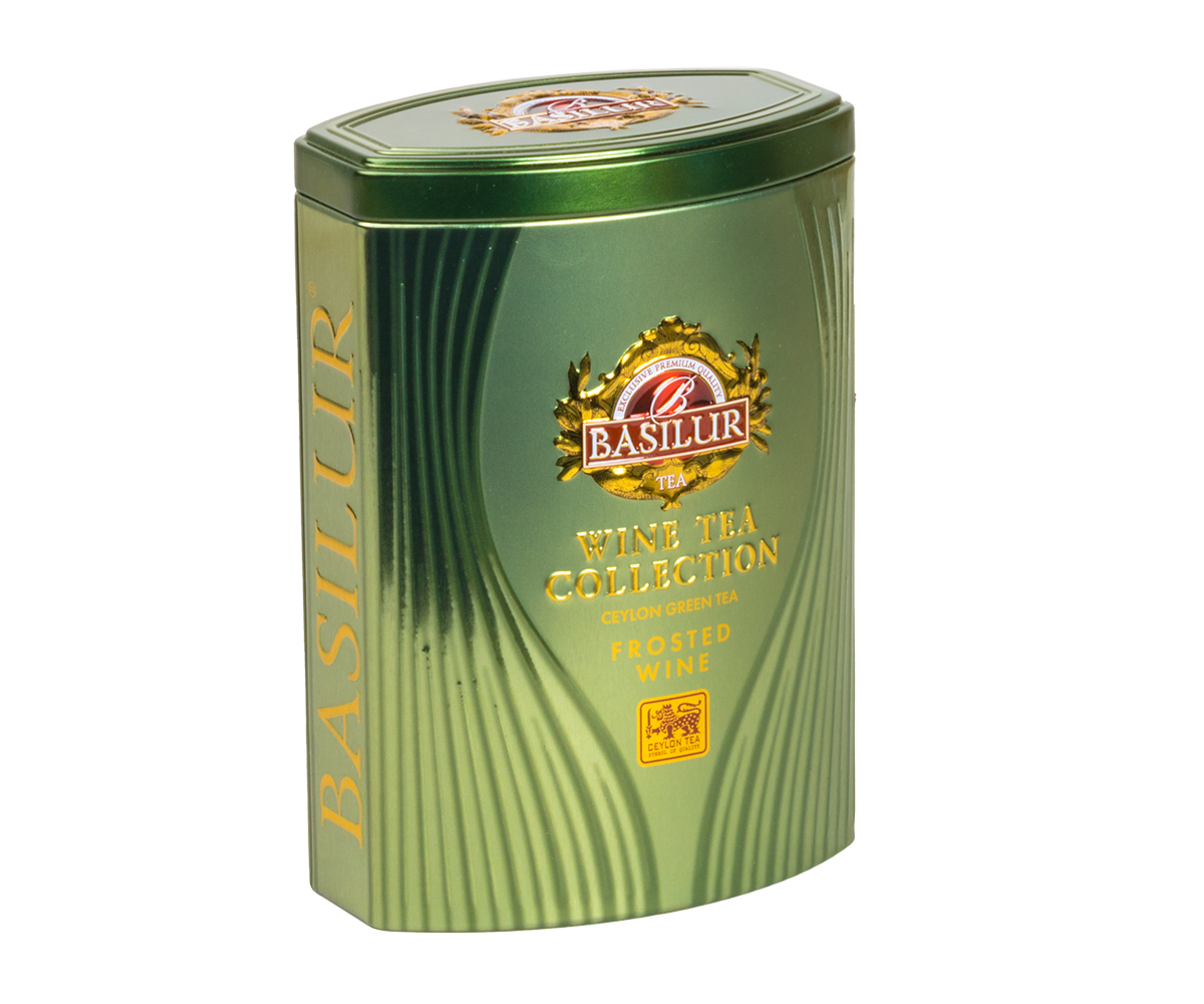 Puszka Basilur Frosted Wine z kolekcji Wine Tea Collection w zielonym, eleganckim opakowaniu.