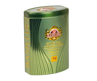 Puszka Basilur Frosted Wine z kolekcji Wine Tea Collection w zielonym, eleganckim opakowaniu.