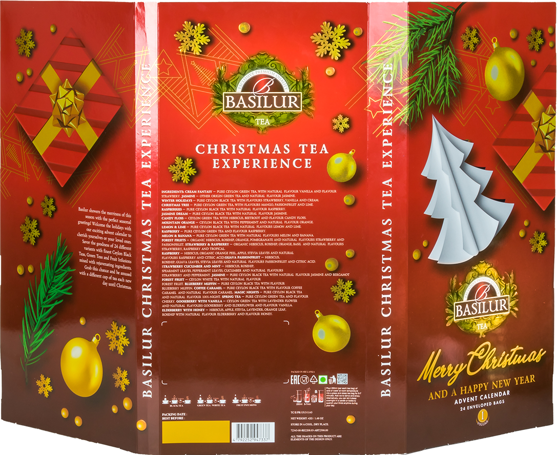 Tył opakowania Basilur Christmas Advent Calendar VI z opisem smaków i dekoracjami świątecznymi.