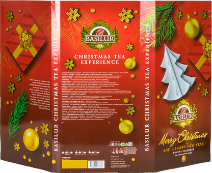 Tył opakowania Basilur Christmas Advent Calendar VI z opisem smaków i dekoracjami świątecznymi.