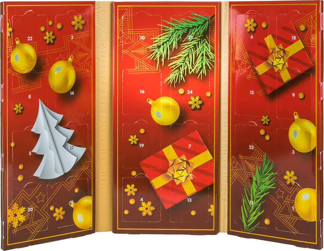 Wnętrze kalendarza adwentowego Basilur z 24 okienkami i świąteczną grafiką.