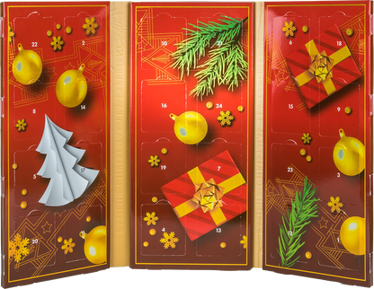 Wnętrze kalendarza adwentowego Basilur z 24 okienkami i świąteczną grafiką.