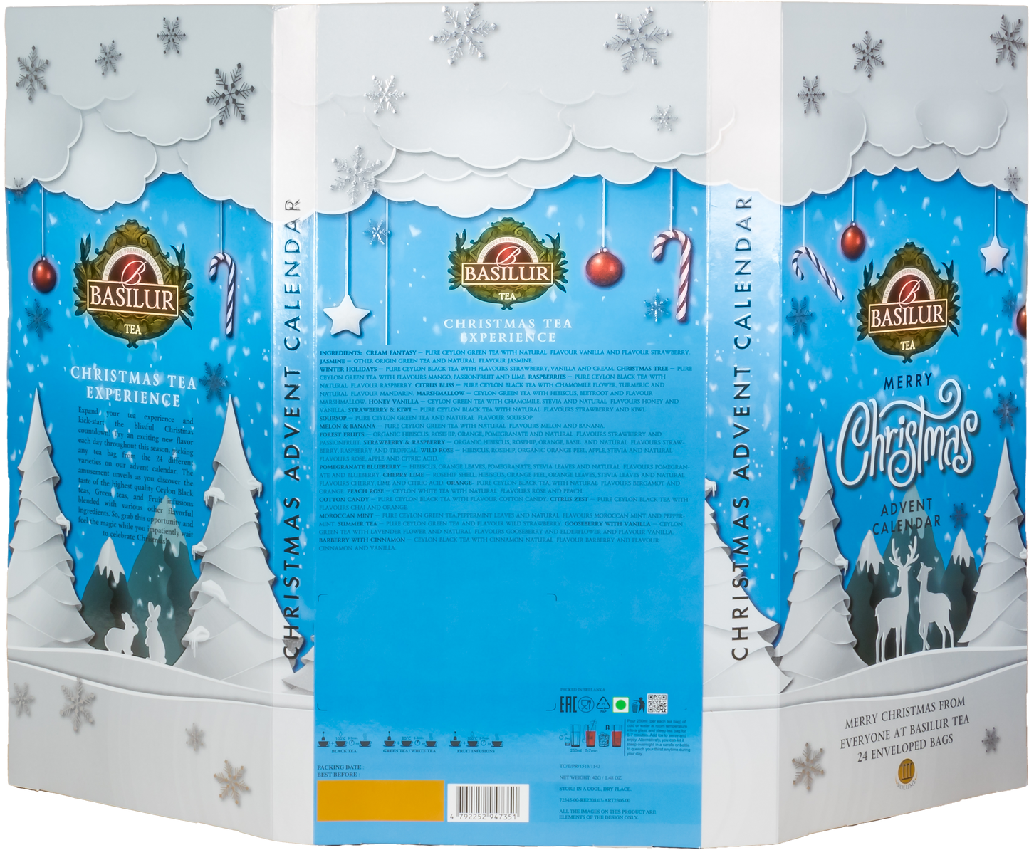 Tył opakowania Basilur Christmas Advent Calendar VIII z listą herbat i dekoracją w świątecznym stylu.