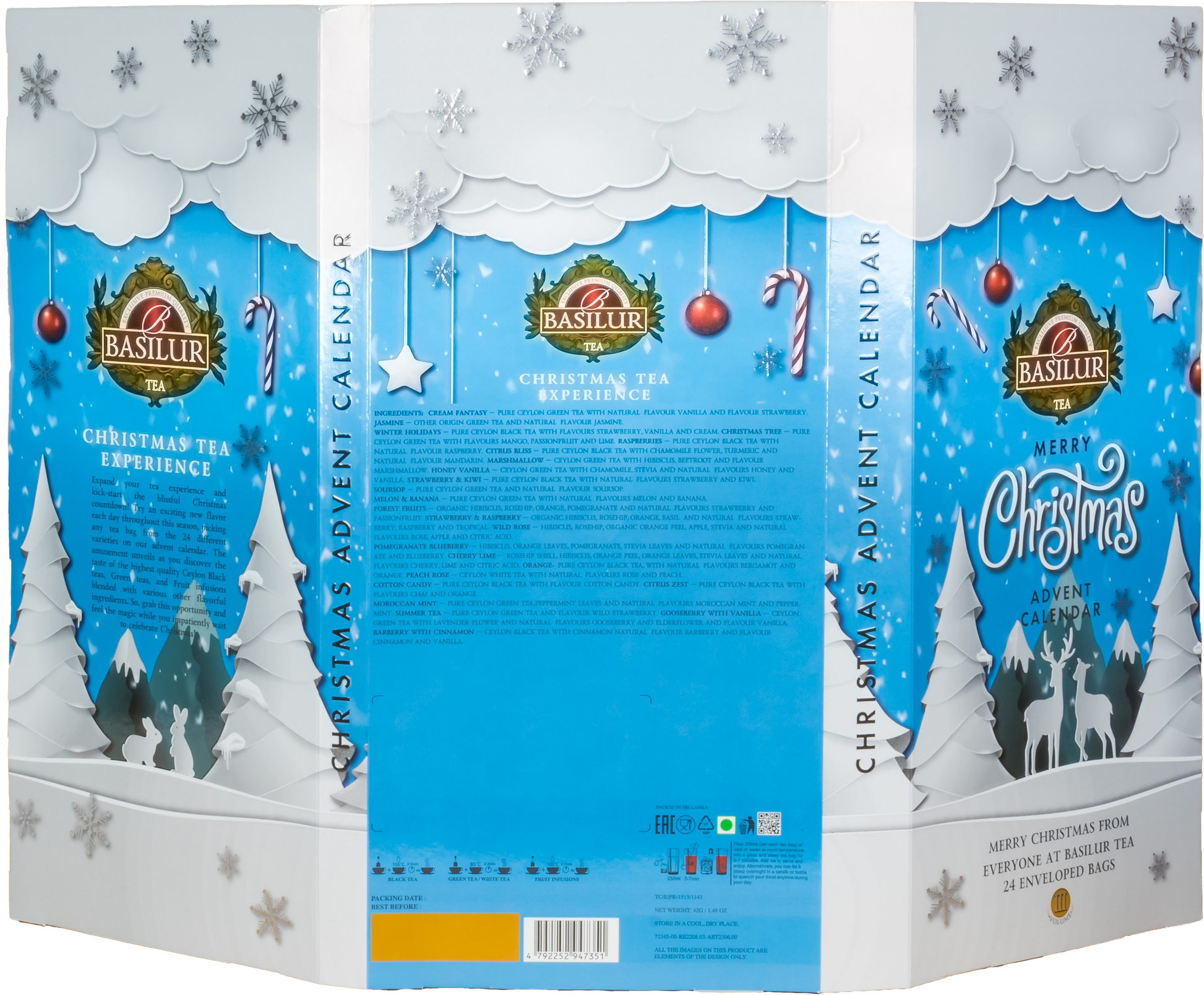 Tył opakowania Basilur Christmas Advent Calendar VIII z listą herbat i dekoracją w świątecznym stylu.