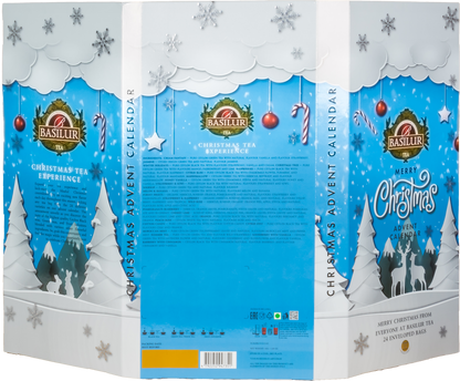 Tył opakowania Basilur Christmas Advent Calendar VIII z listą herbat i dekoracją w świątecznym stylu.