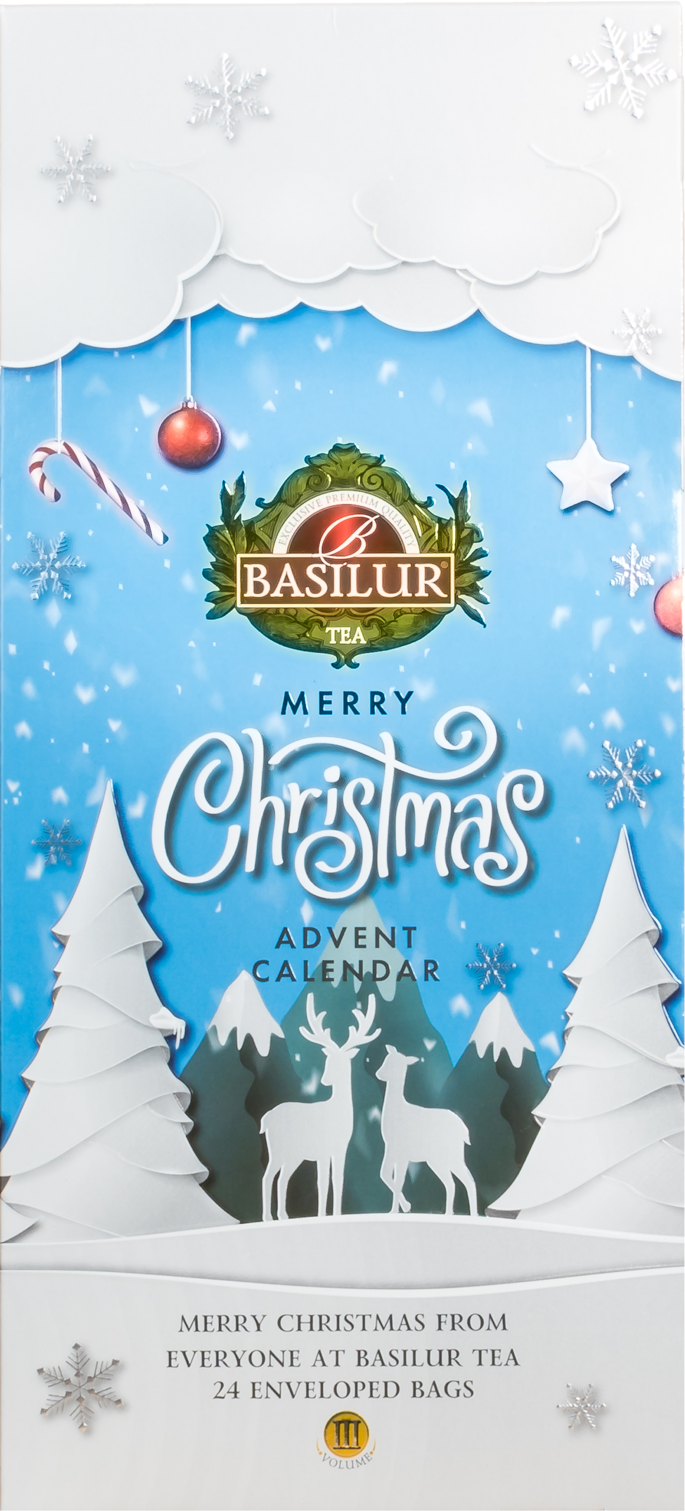 Kalendarz adwentowy Basilur Christmas w zimowej, błękitnej oprawie z reniferami i choinkami.