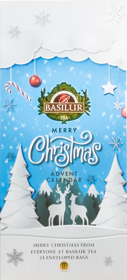 Kalendarz adwentowy Basilur Christmas w zimowej, błękitnej oprawie z reniferami i choinkami.