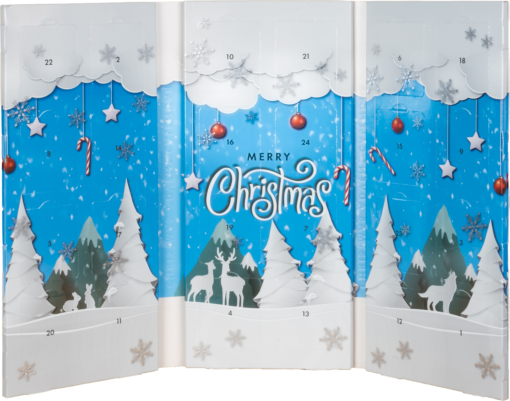 Wnętrze kalendarza adwentowego Basilur z 24 okienkami i motywem zimowego lasu.