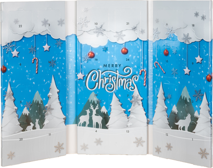 Wnętrze kalendarza adwentowego Basilur z 24 okienkami i motywem zimowego lasu.