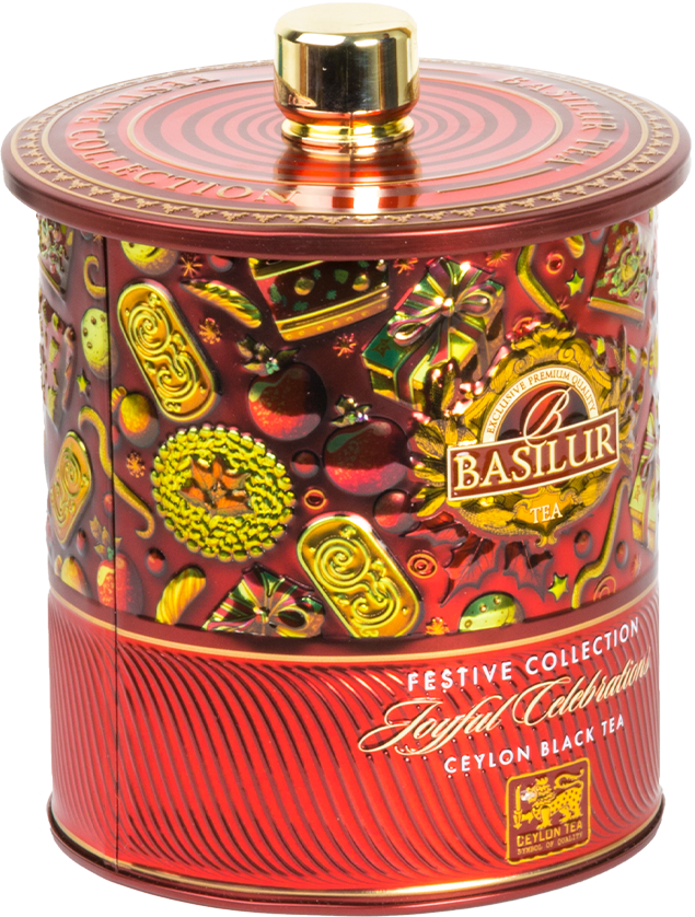 Herbata Basilur Joyful Celebrations w świątecznej czerwonej puszce, czarna herbata cejlońska.