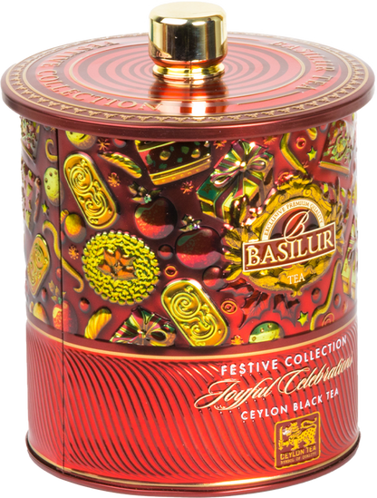 Herbata Basilur Joyful Celebrations w świątecznej czerwonej puszce, czarna herbata cejlońska.