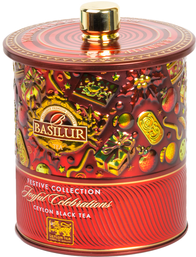 Puszka herbaty Basilur Joyful Celebrations z motywem prezentów i dekoracji świątecznych.