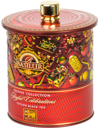 Puszka herbaty Basilur Joyful Celebrations z motywem prezentów i dekoracji świątecznych.