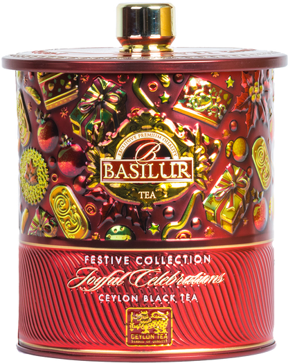 Elegancka puszka Basilur Joyful Celebrations, herbata świąteczna z kolekcji Festive.