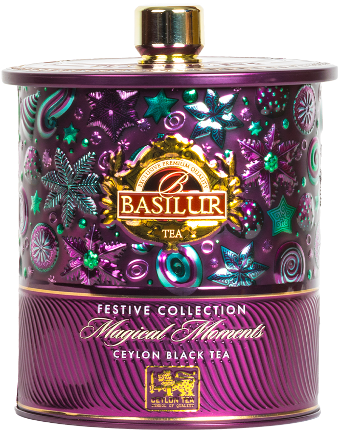 Herbata Basilur Magical Moments w fioletowej świątecznej puszce, czarna herbata cejlońska.