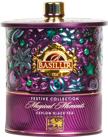 Herbata Basilur Magical Moments w fioletowej świątecznej puszce, czarna herbata cejlońska.