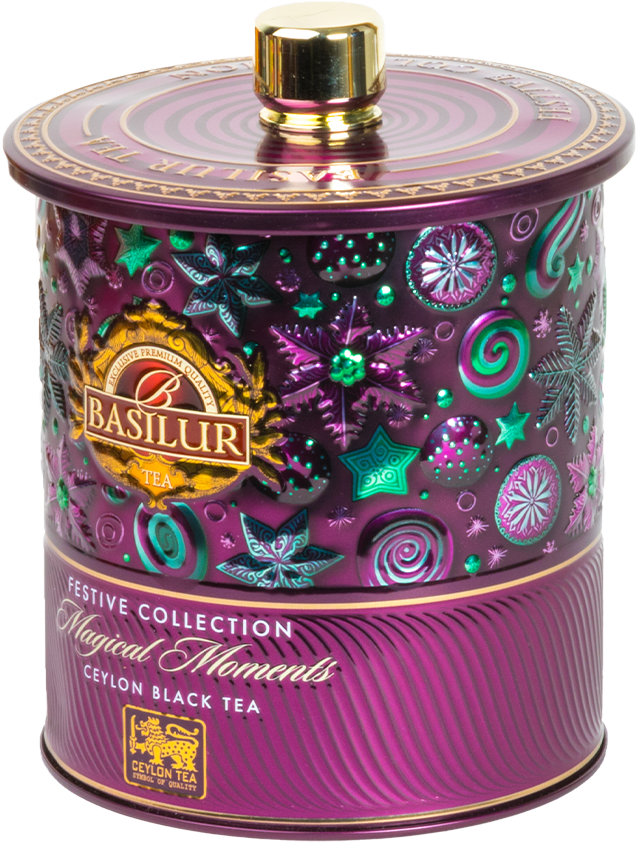 Puszka herbaty Basilur Magical Moments z motywem gwiazdek i ozdób świątecznych.