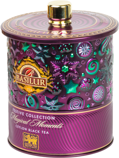 Puszka herbaty Basilur Magical Moments z motywem gwiazdek i ozdób świątecznych.