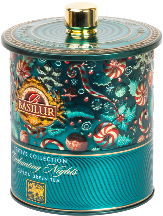 Elegancka puszka Basilur Enchanting Nights Festive Collection z zieloną herbatą Ceylon Green Tea.