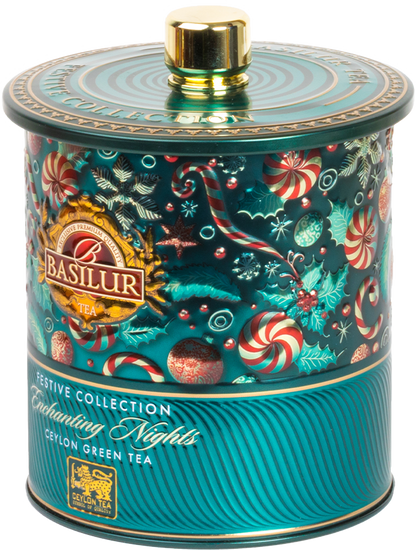 Elegancka puszka Basilur Enchanting Nights Festive Collection z zieloną herbatą Ceylon Green Tea.