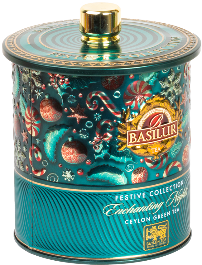 Opakowanie świąteczne Basilur Enchanting Nights z motywem choinkowych ozdób i cukrowych lasek.