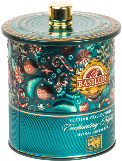 Opakowanie świąteczne Basilur Enchanting Nights z motywem choinkowych ozdób i cukrowych lasek.