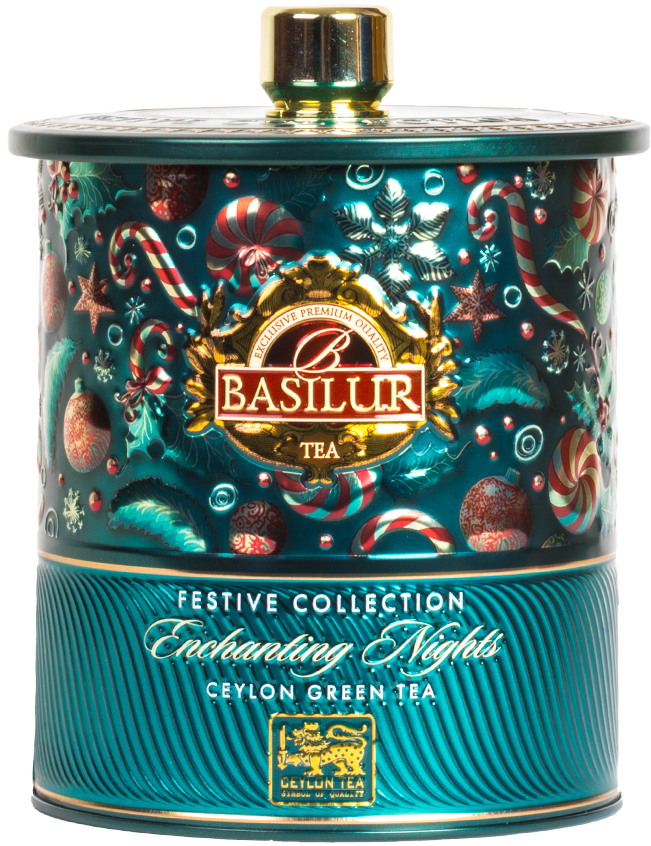 Herbata Basilur Enchanting Nights w ozdobnej świątecznej puszce – zielona herbata cejlońska.