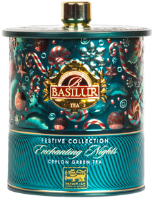 Herbata Basilur Enchanting Nights w ozdobnej świątecznej puszce – zielona herbata cejlońska.
