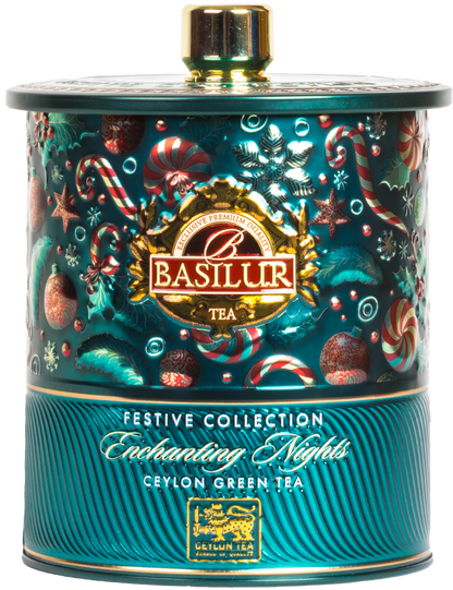 Herbata Basilur Enchanting Nights w ozdobnej świątecznej puszce – zielona herbata cejlońska.