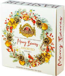 Zestaw herbat Basilur Merry Berries vol. I, eleganckie opakowanie z motywem świątecznego wieńca.