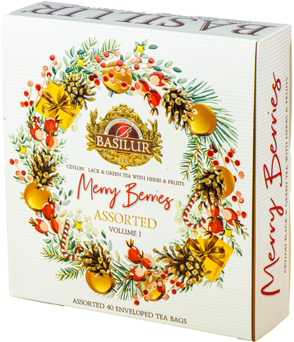 Zestaw herbat Basilur Merry Berries vol. I, eleganckie opakowanie z motywem świątecznego wieńca.