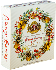 Herbata Basilur Merry Berries vol. I w ozdobnym świątecznym pudełku, czarna i zielona herbata z owocami.