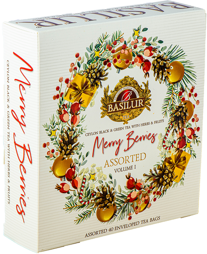Herbata Basilur Merry Berries vol. I w ozdobnym świątecznym pudełku, czarna i zielona herbata z owocami.