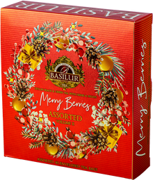 Herbata Basilur Merry Berries vol. II – eleganckie świąteczne pudełko z czarną i zieloną herbatą.