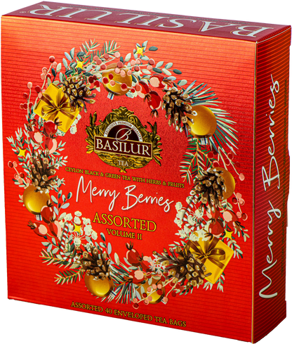 Herbata Basilur Merry Berries vol. II – eleganckie świąteczne pudełko z czarną i zieloną herbatą.