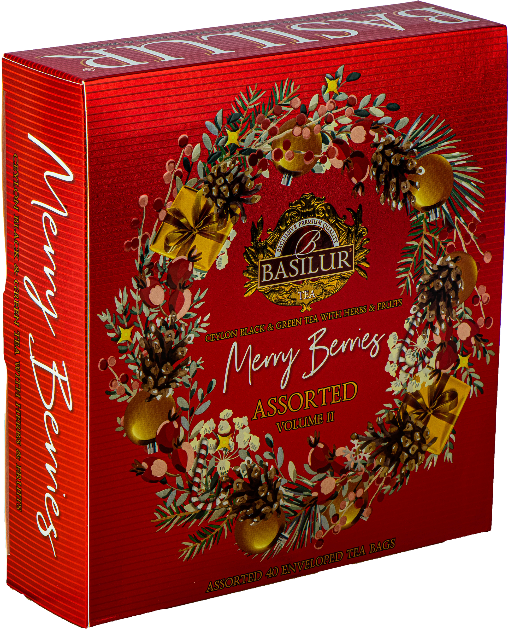 Zestaw herbat Basilur Merry Berries vol. II w czerwonym opakowaniu z zimowym wieńcem i złotymi ozdobami.