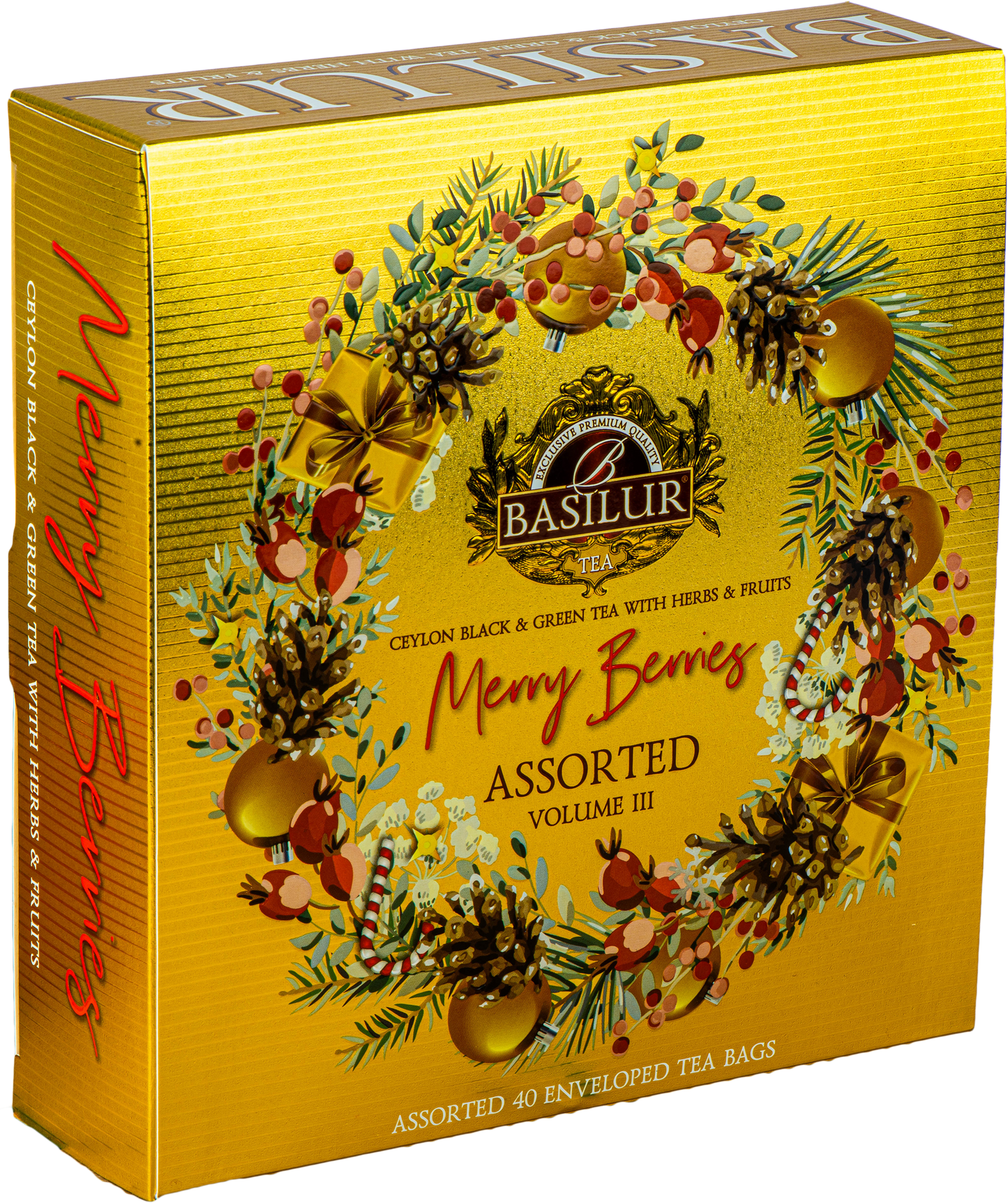 Zestaw herbat Basilur Merry Berries vol. III, eleganckie złote pudełko z motywem świątecznym.