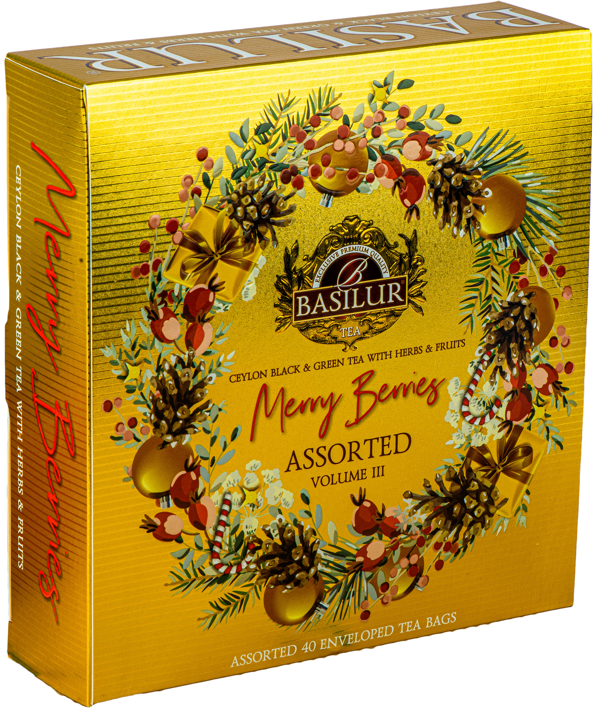 Zestaw herbat Basilur Merry Berries vol. III, eleganckie złote pudełko z motywem świątecznym.